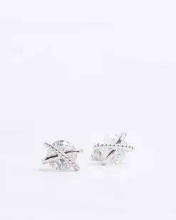 Silver Diamond Simulant Cross Stud Earrings