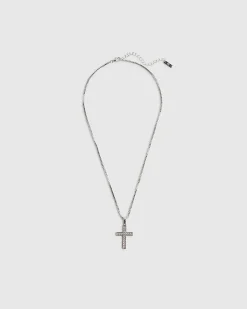 Silver Diamond Simulant Cross Necklace