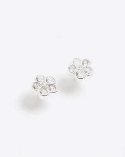 Silver Diamond Simulant Floral Stud Earrings