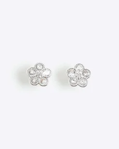 Silver Diamond Simulant Floral Stud Earrings