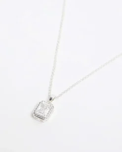 Silver Diamond Simulant Pendant Necklace