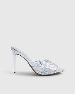 Silver Embellished Heeled Mule Sandals