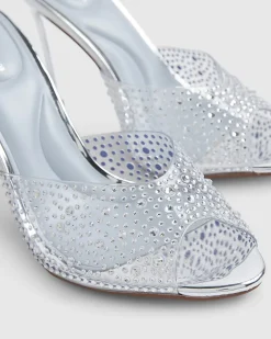 Silver Embellished Heeled Mule Sandals