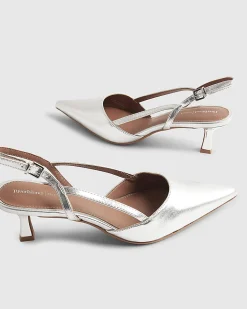Silver Slingback Low Court Heels
