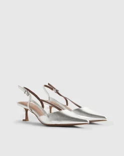 Silver Slingback Low Court Heels
