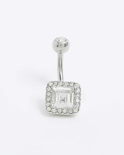 Silver Square Diamante Belly Bar