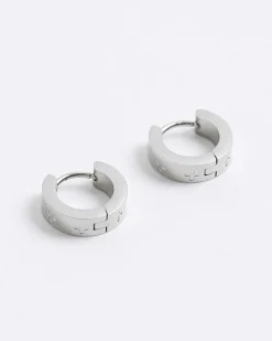 Silver Stainless Steel Cross Hoop Earrings