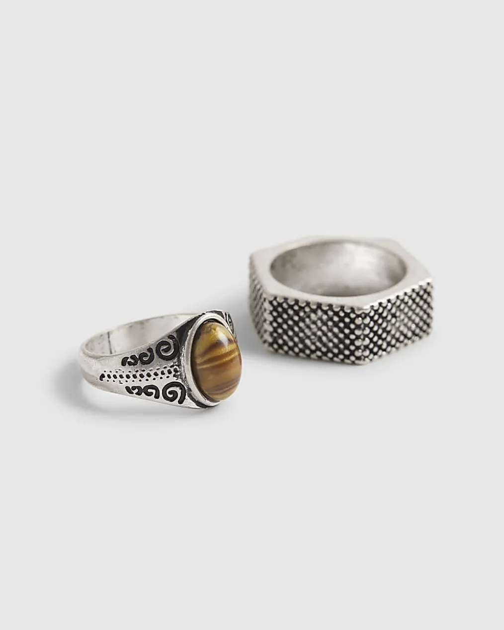 Silver Stone And Hexagon Rings 2 Pack