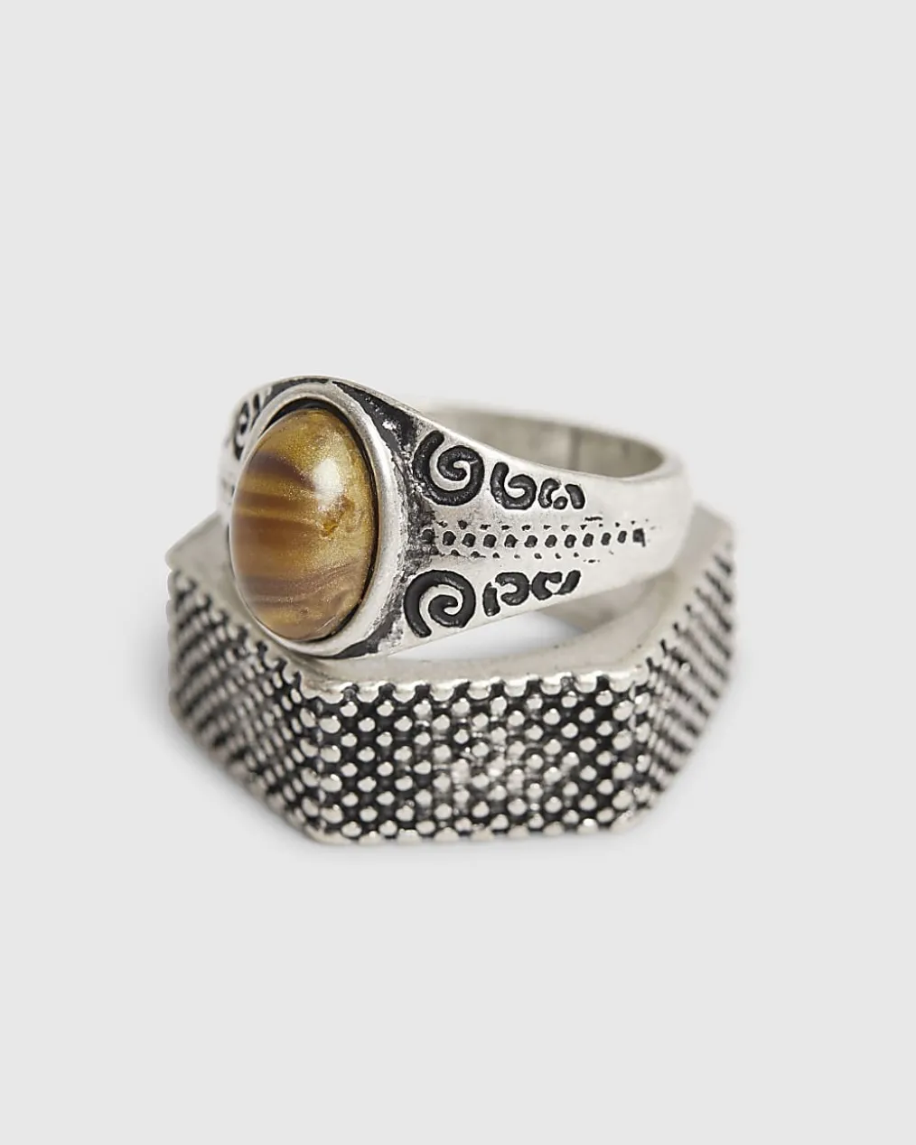 Silver Stone And Hexagon Rings 2 Pack