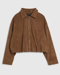 Tan Faux Suede Bubble Hem Bomber Jacket