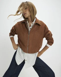 Tan Faux Suede Bubble Hem Bomber Jacket