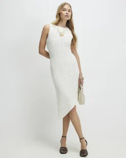 White Asymmetric Knit Midi Dress