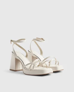 White Block Heel Cross Strap Sandals