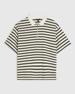 White Boxy Stripe Zip Neck Polo Shirt