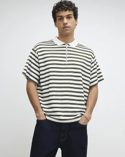 White Boxy Stripe Zip Neck Polo Shirt