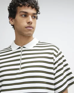 White Boxy Stripe Zip Neck Polo Shirt