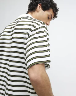 White Boxy Stripe Zip Neck Polo Shirt
