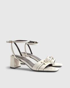 White Branded Block Heel Sandals