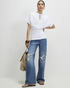 White Cotton Angel Sleeve Cut Out T-Shirt