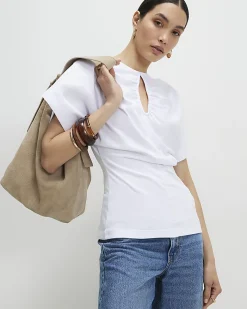 White Cotton Angel Sleeve Cut Out T-Shirt