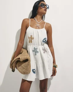 White Cotton Bead Embellished Cami Mini Dress