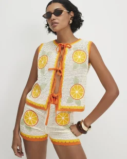 White Cotton Blend Crochet Knit Tie Front Top