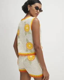 White Cotton Blend Crochet Knit Tie Front Top