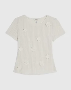 White Cotton Blend 3D Flower Trim Top