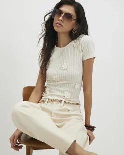White Cotton Blend 3D Flower Trim Top
