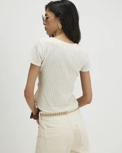 White Cotton Blend 3D Flower Trim Top