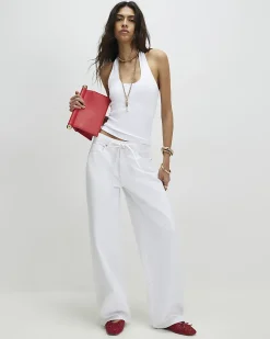 White Cotton Blend Halter Neck Tank Top