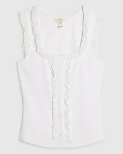 White Cotton Blend Lace Trim Ruffle Tank Top