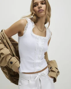 White Cotton Blend Lace Trim Ruffle Tank Top