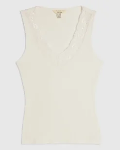 White Cotton Blend Lace Trim Tank Top