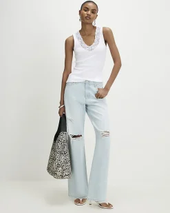 White Cotton Blend Lace Trim Tank Top
