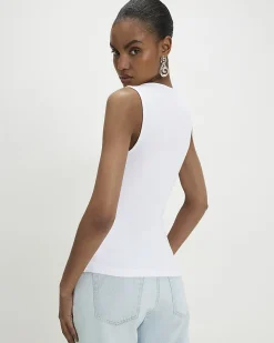 White Cotton Blend Lace Trim Tank Top