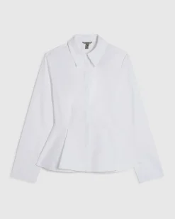 White Cotton blend Long Sleeve Peplum Shirt