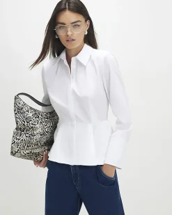 White Cotton blend Long Sleeve Peplum Shirt