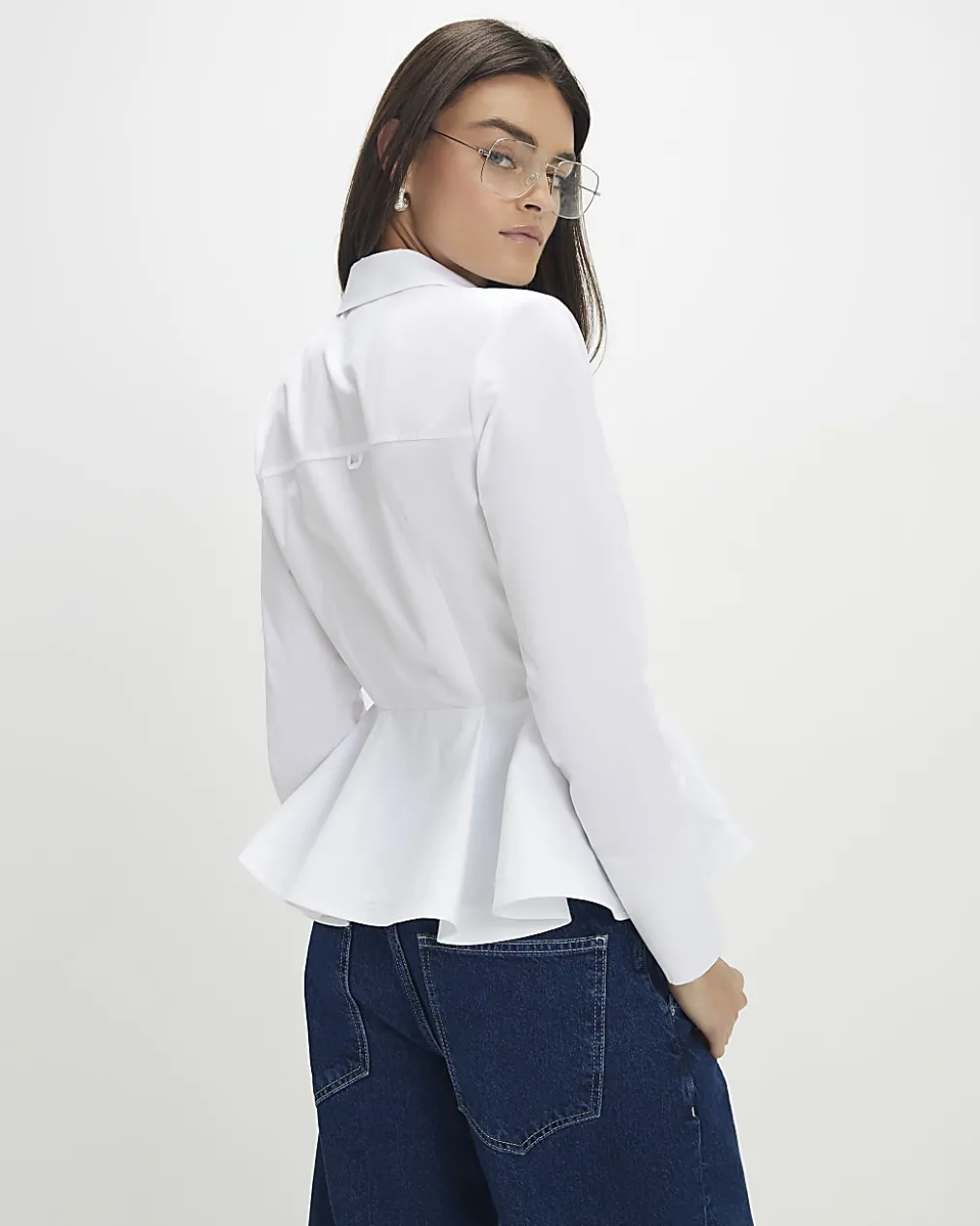White Cotton blend Long Sleeve Peplum Shirt