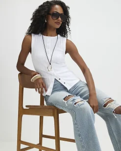 White Cotton Blend Popper Tank Top