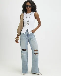 White Cotton Blend Popper Tank Top