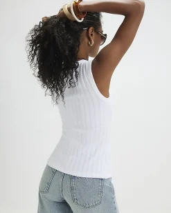 White Cotton Blend Popper Tank Top