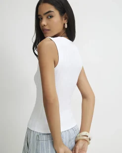 White Cotton Blend Rib Square Neck Tank Top