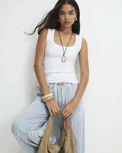 White Cotton Blend Rib Square Neck Tank Top