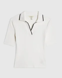 White Cotton Blend Ribbed Polo Top
