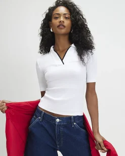 White Cotton Blend Ribbed Polo Top