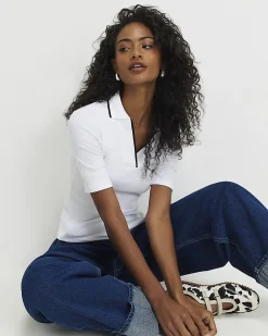 White Cotton Blend Ribbed Polo Top