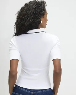 White Cotton Blend Ribbed Polo Top