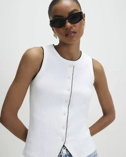 White Cotton Blend Scallop Trim Ribbed Top