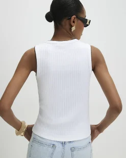 White Cotton Blend Scallop Trim Ribbed Top